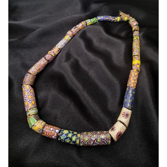 Antique Millefiori Glass Beaded Necklace With Vibrant Patterns & Colors - Picture 2 of 5